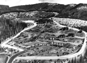 An artists conception of how the mine would look after the mine was worked out. It was planned to have the pit used for public recreation.